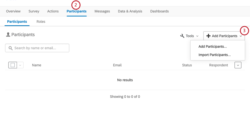 Menu Adicionar participantes expandido na guia participantes do projeto