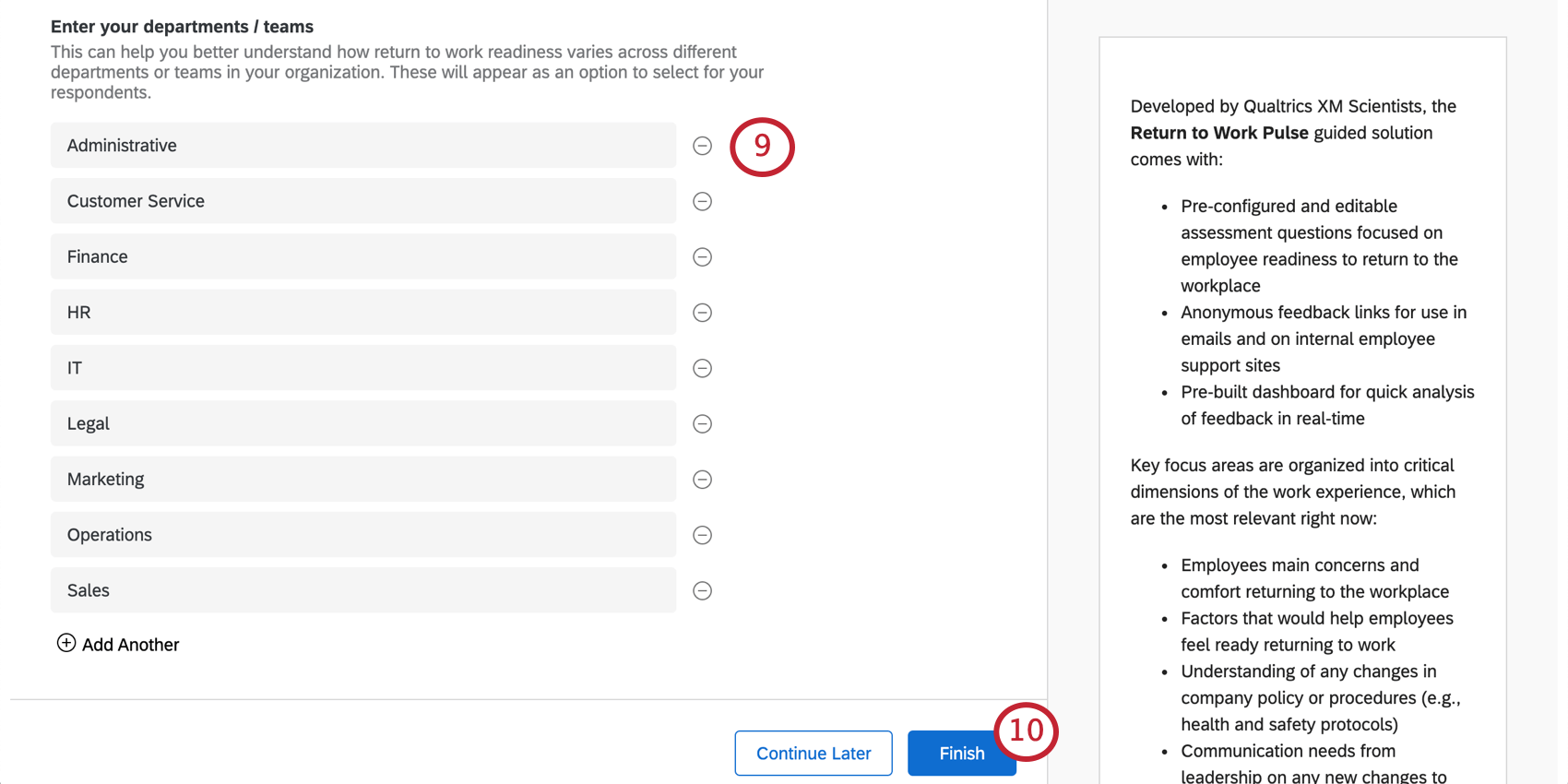 Série de campos de texto abertos listando nomes de departamentos. Abaixo disso, um botão chamado add below (adicionar abaixo). No canto inferior direito, quando não for mais possível rolar a tela, o botão azul avançar )