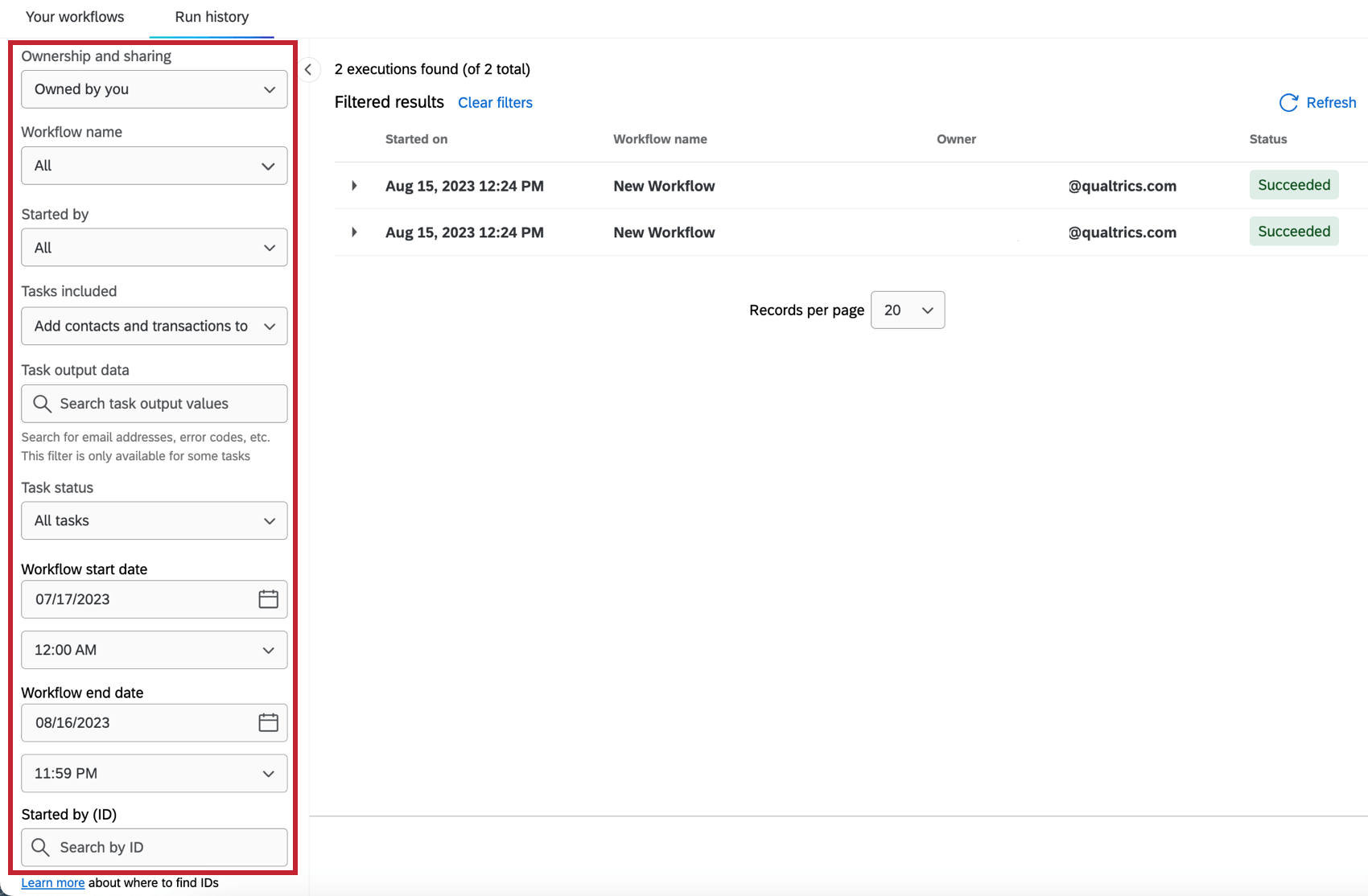 Los filtros en el lado izquierdo para filtrar los informes del flujo de trabajo .