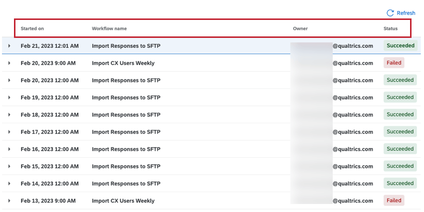 実行履歴セクションに表示される表