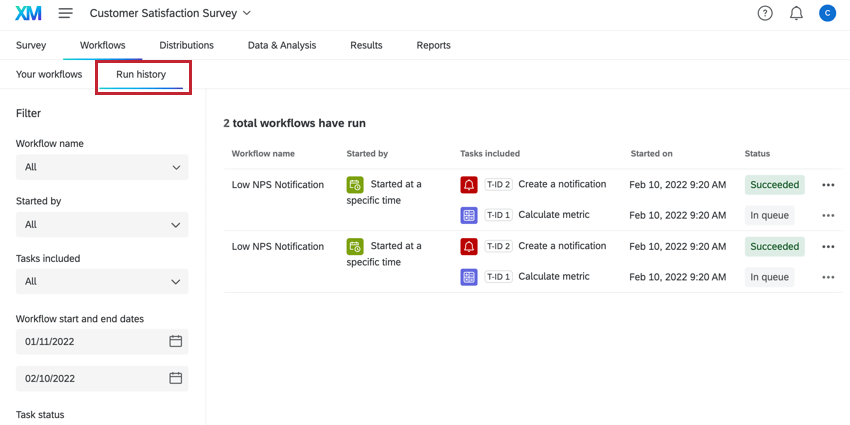 the run history tab in the workflows tab