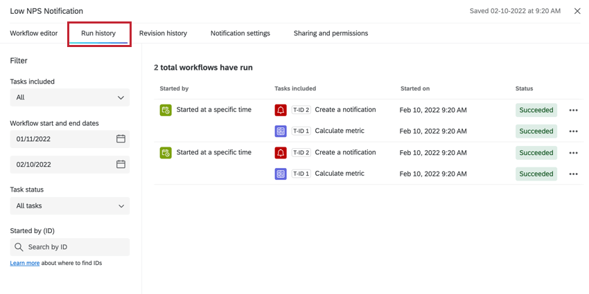 the run history tab within a specific workflow