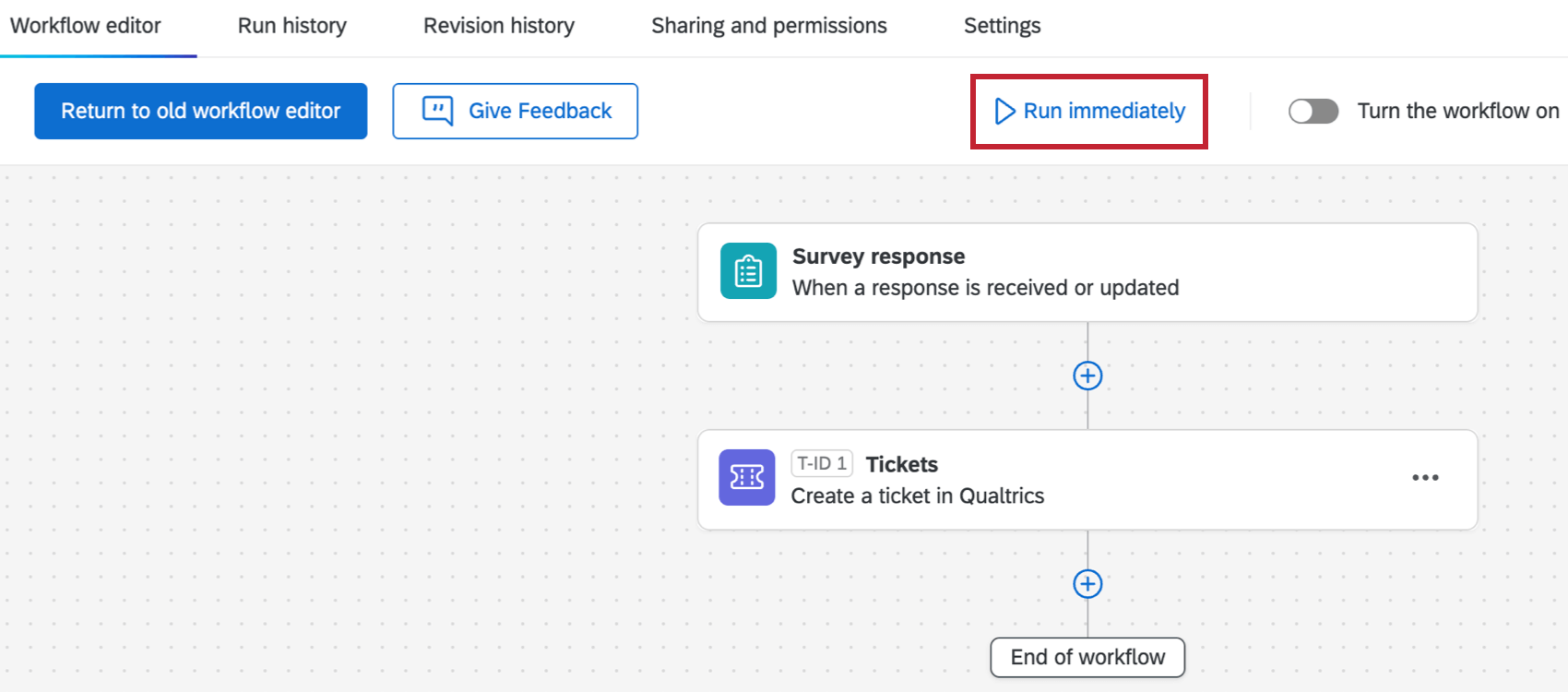 Schaltfläche "Sofort ausführen" innerhalb eines Workflows