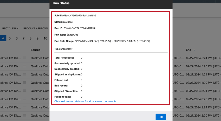 the run statistics window