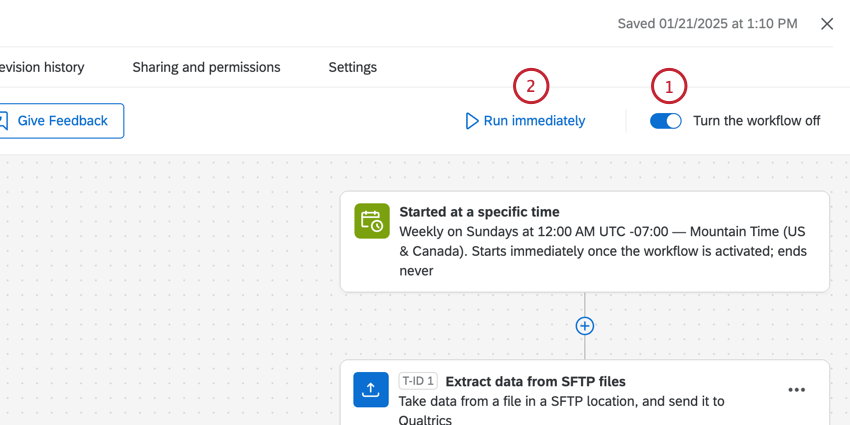 the workflow toggle and "run immediately" button are at the top of the page
