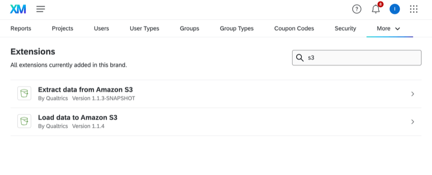 searching for s3 in the extensions section of admin
