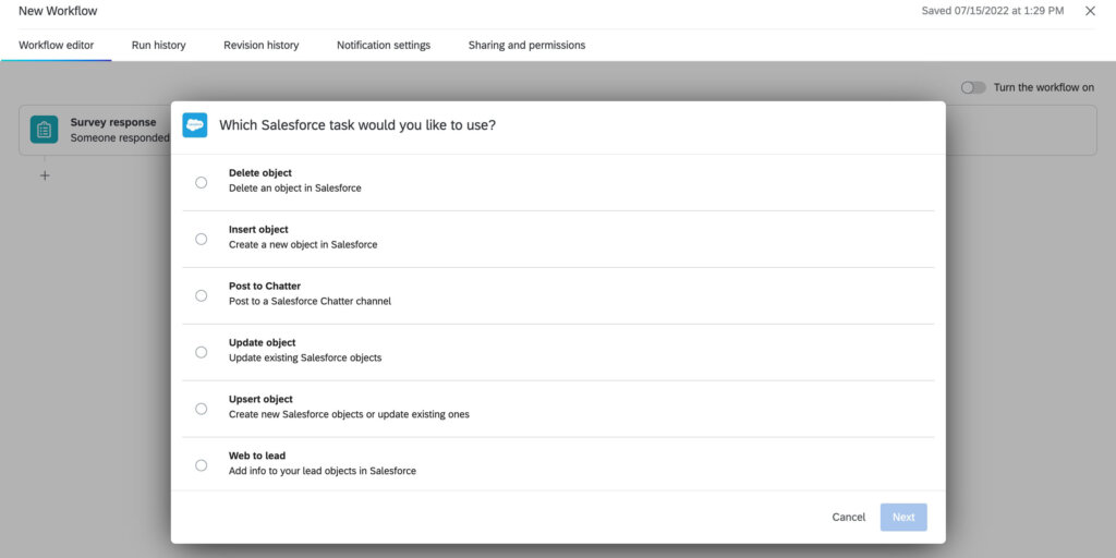 Elegir la acción a realizar en Salesforce