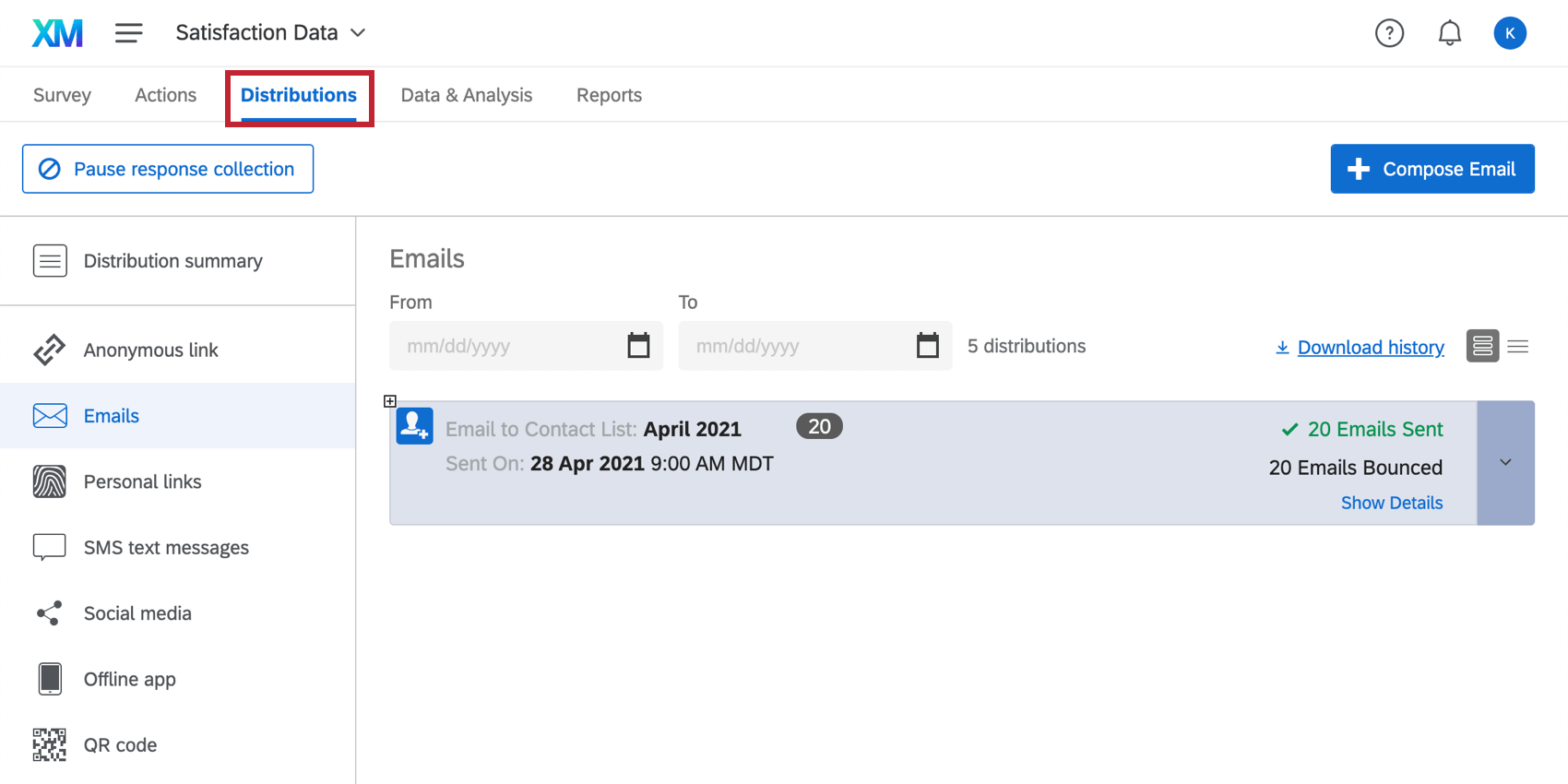 the distributions tab of a survey that was linked to salesforce and distributed