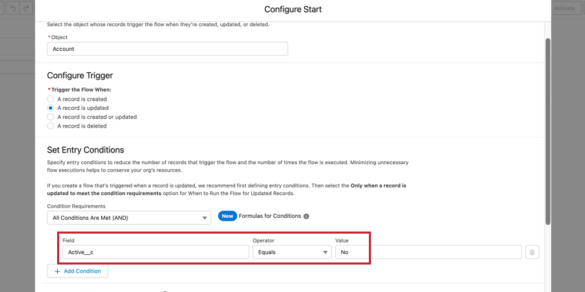 uma condição para que conta esteja ativa no Salesforce