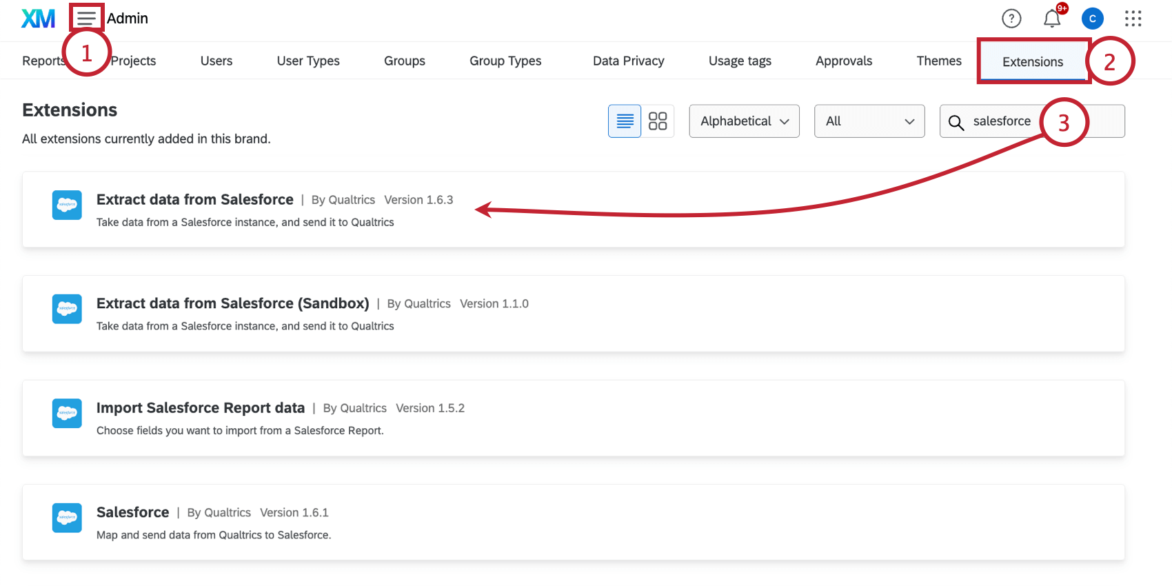 dans longlet admin, en sélectionnant lune des extensions salesforce