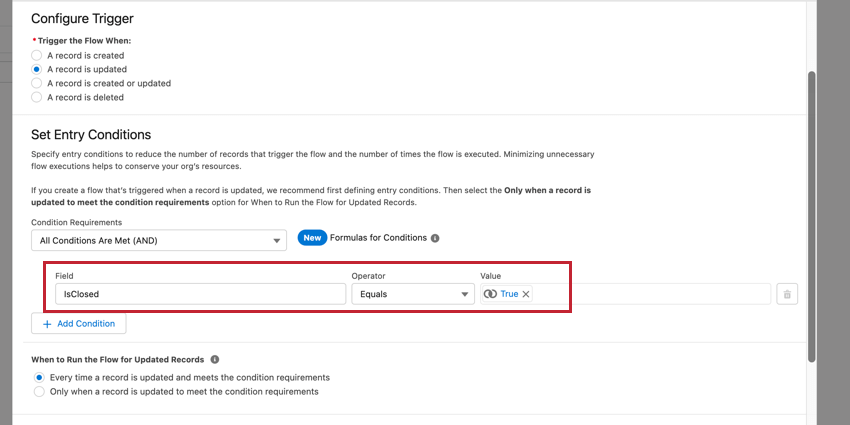 uma condição para o caso ser fechado em um fluxo do Salesforce