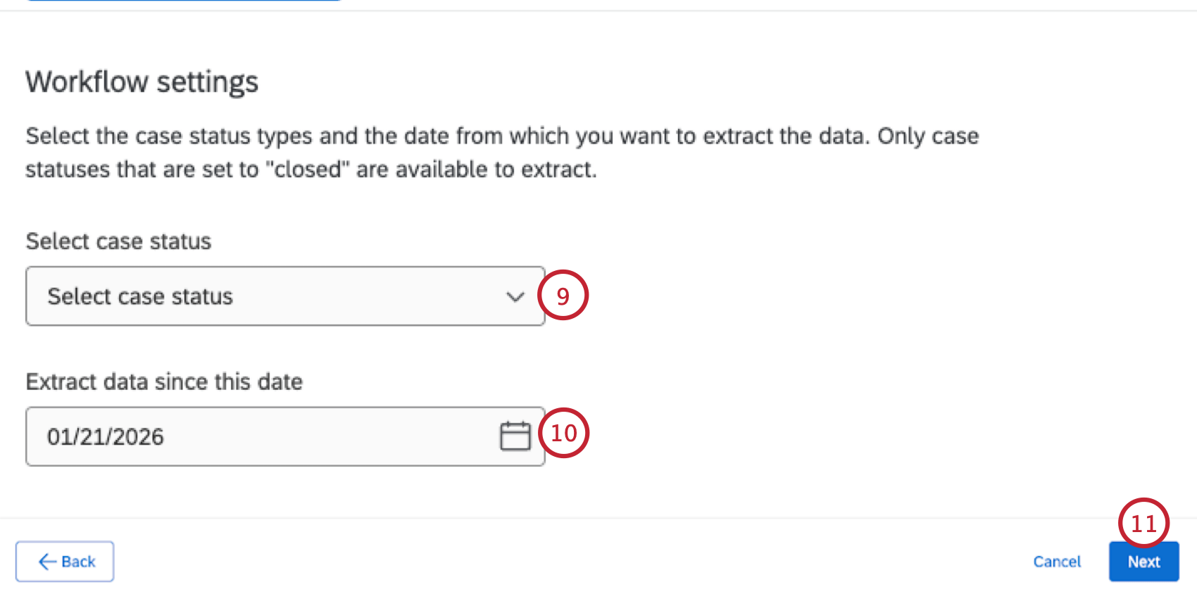 auswahl der zu importierenden Fallstatus und des Importdatums