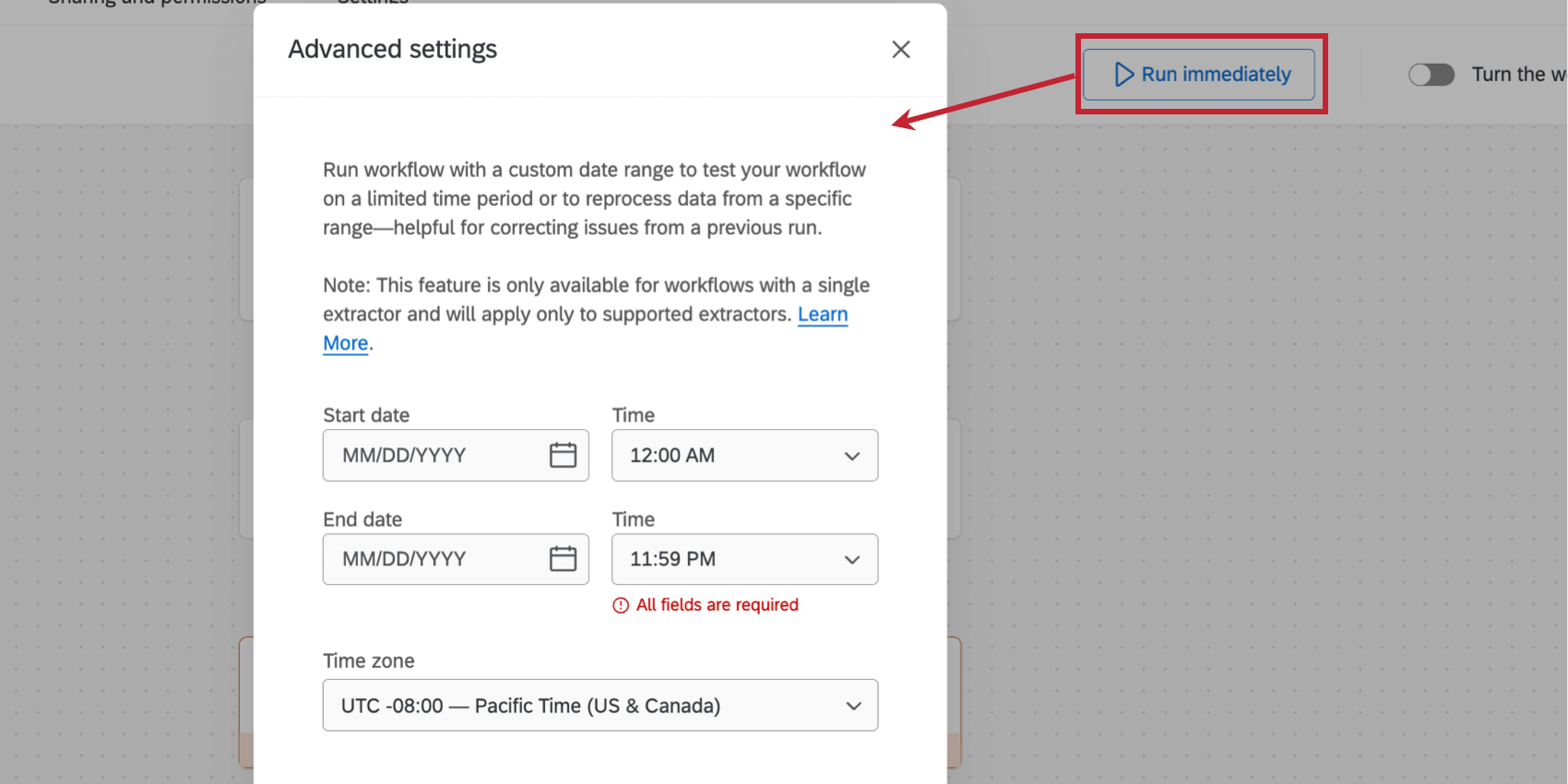 clicar em executar imediatamente para definir um período de tempo personalizado