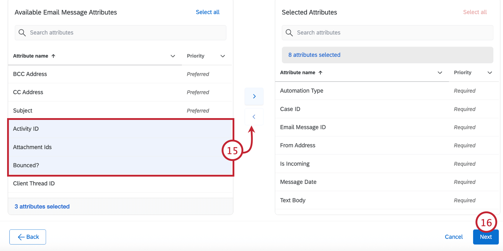Escolha dos campos a serem importados
