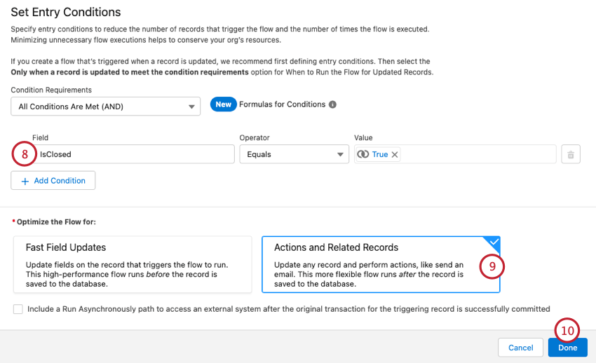 creating entry conditions and saving the flow