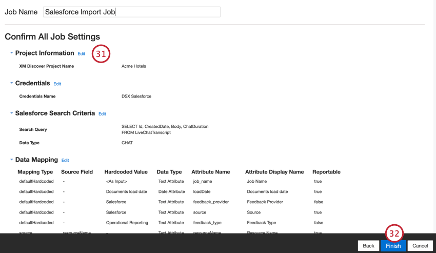 reviewing the job settings and saving