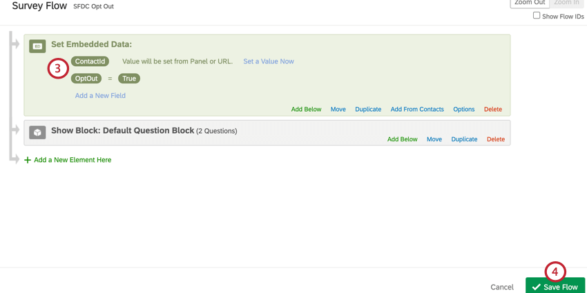 adding embedded data elements for ContactId and OptOut