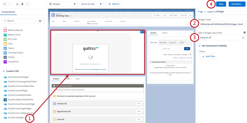 adding the widget to the page and entering the widget code before saving