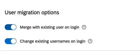 User migration options include "merge with existing user on login" and "change existing usernames on login"