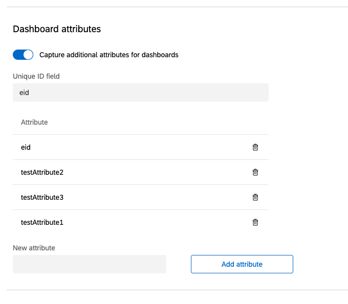 Configurações de atributos Dashboard - você pode digitar um nome e clicar no botão Add Atributo (Adicionar atributo ) para adicioná-lo à lista. Há um campo especial para a ID exclusiva