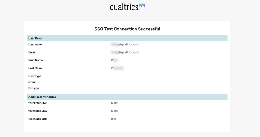 A página mostra que o teste de SSO foi bem-sucedido e lista todos os campos extraídos