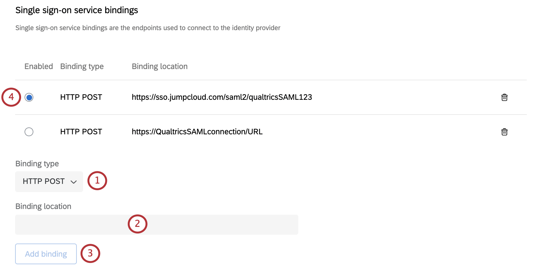 Single sign-on service bindings options, as described below