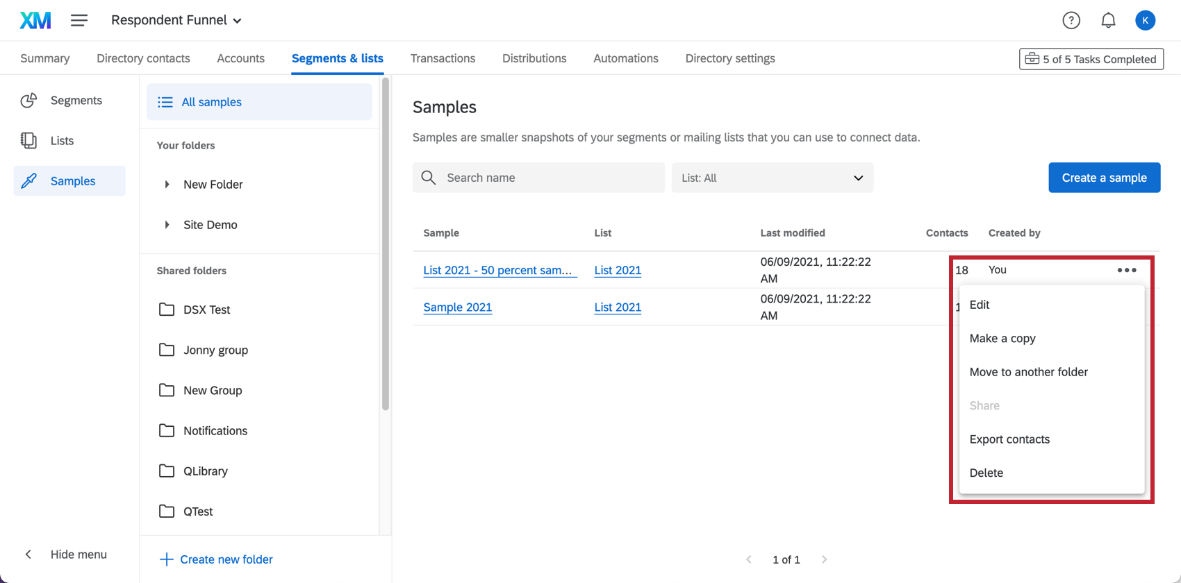 Clicking the dropdown next to a sample. Options are listed below in bullet points, with what they each do