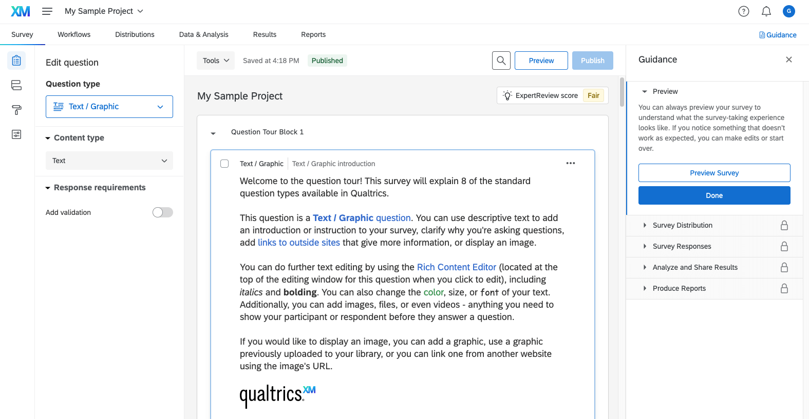 Image of the survey editor with a complete survey inside, including an introductory paragraph