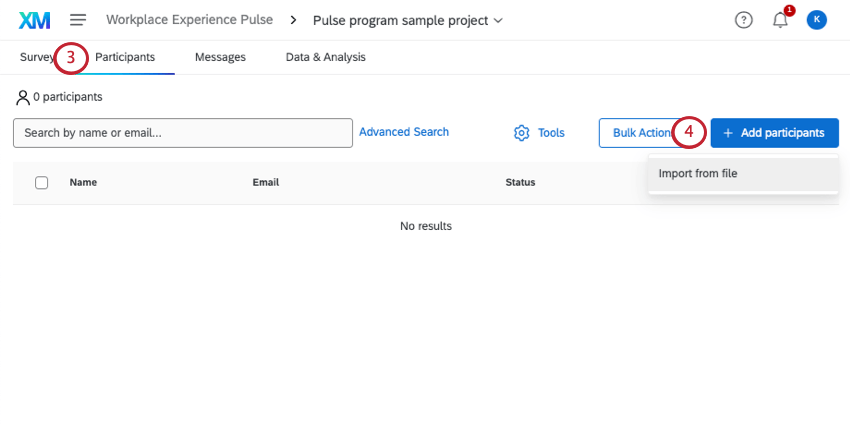 La scheda Partecipanti del progetto pulse, con il pulsante Aggiungi partecipanti cliccato, mostra lopzione Importa da file