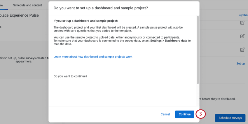 Nova janela denominada você deseja configurar um dashboard e um projeto amostra?