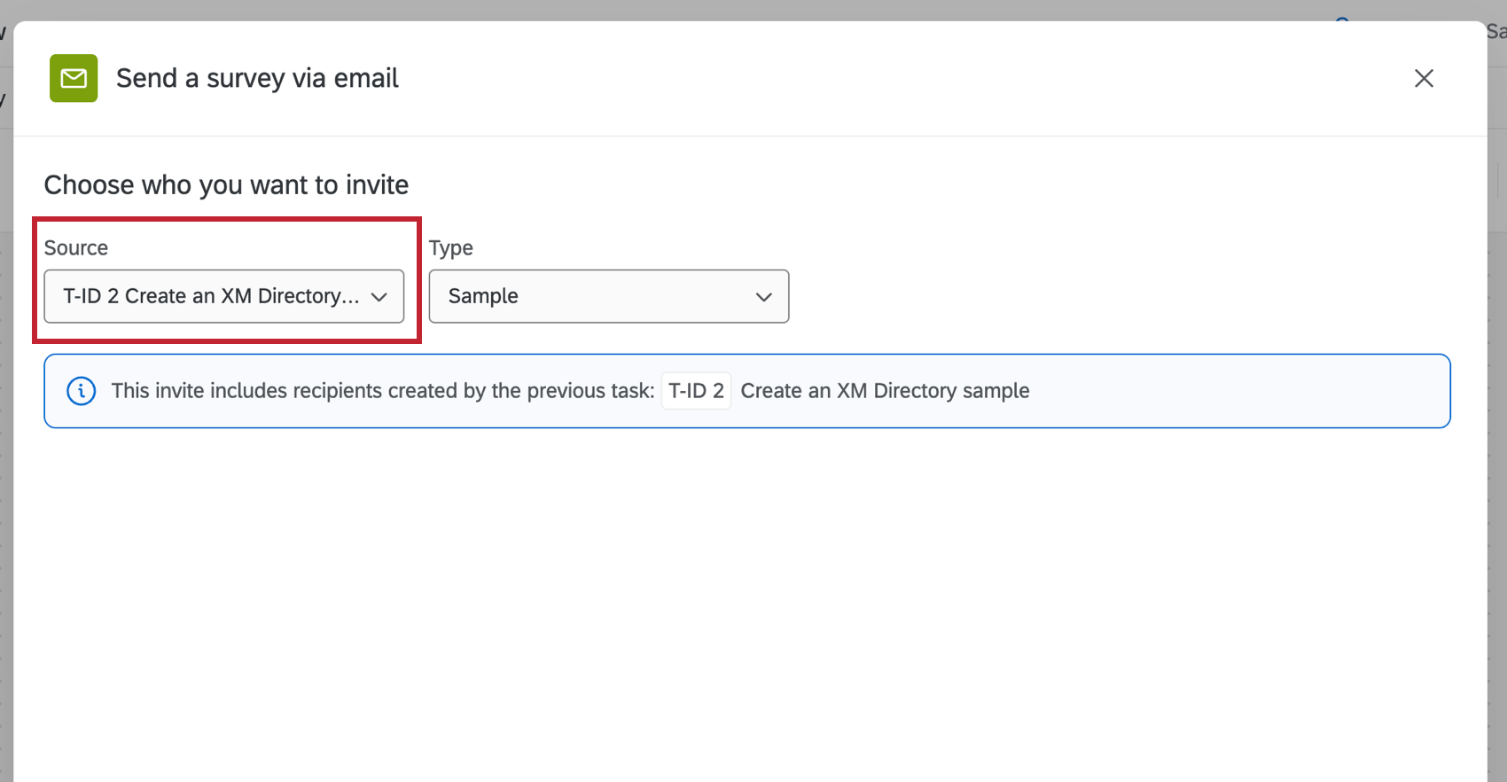 in a "send survey via email task" choosing the sample task set up earlier as the source