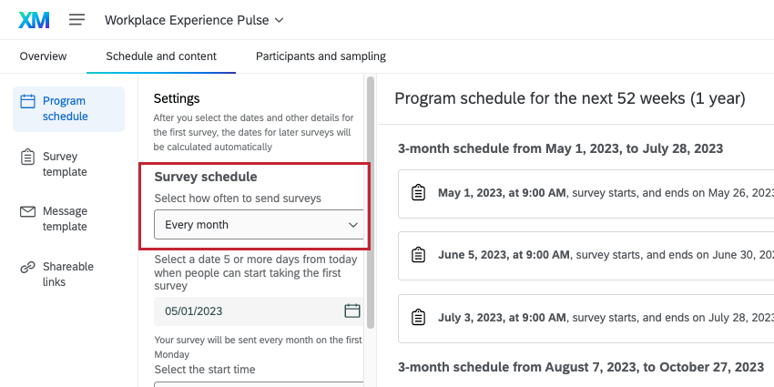 Programma con calendario dei sondaggi impostato su ogni mese