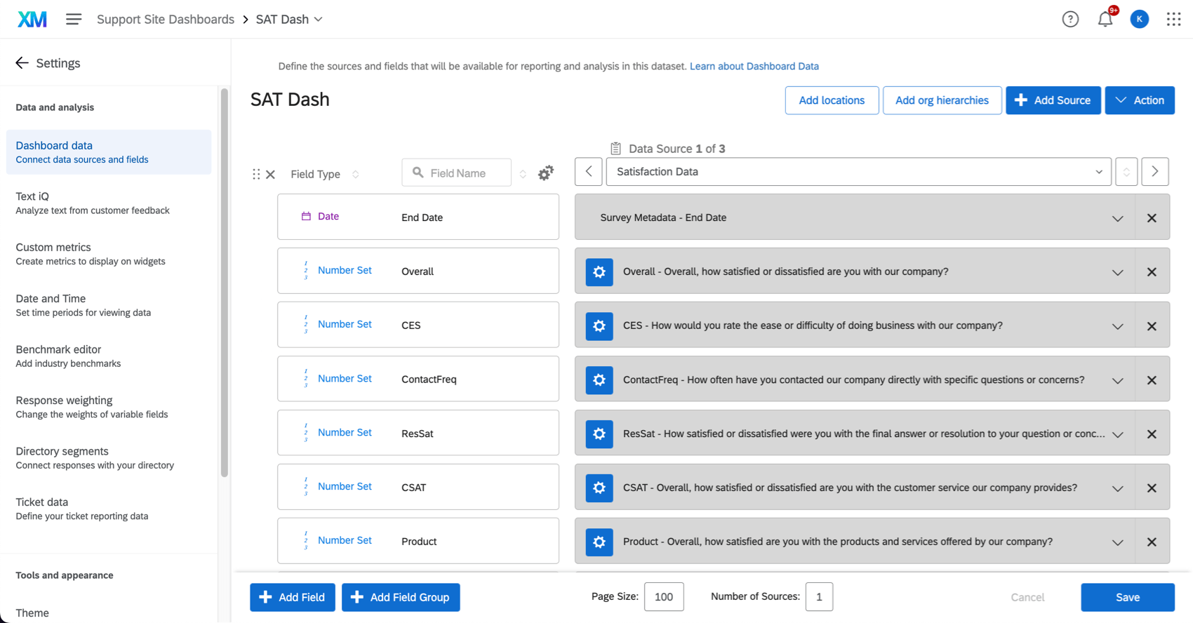 Dashboard settings page, where fields are edited