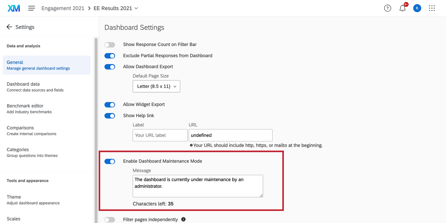 general page of dashboard settings in an engagement dashboard. setting highlgihted is named enable dashboard maintenance mode and has a field where you can put a maintenance message