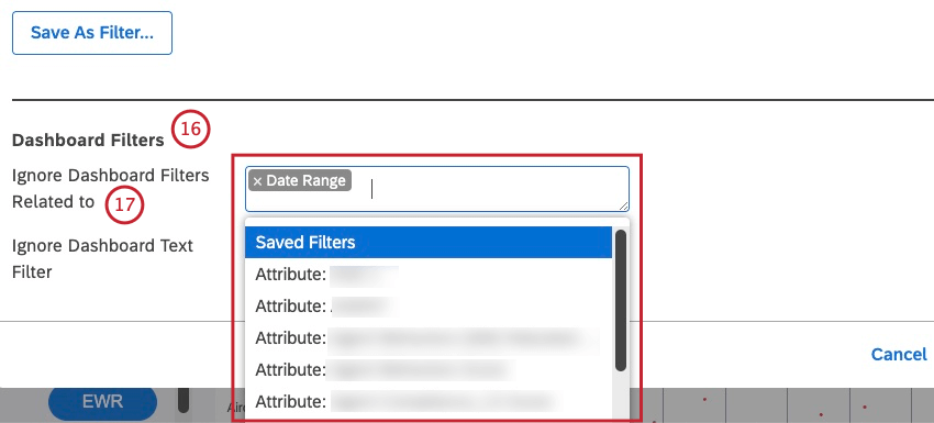 En la sección Filtros del Tablero puedes seleccionar uno o más tipos de filtro que, cuando se apliquen al Tablero, serán ignorados por este widget. Este paso es opcional.