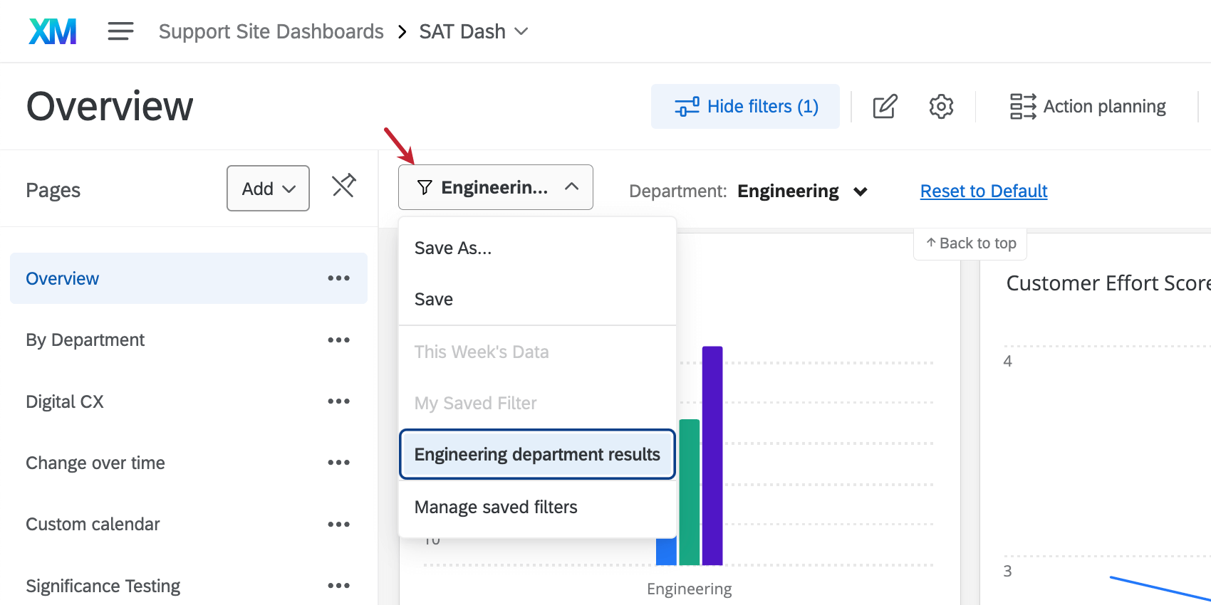 List of existing filters under the dropdown