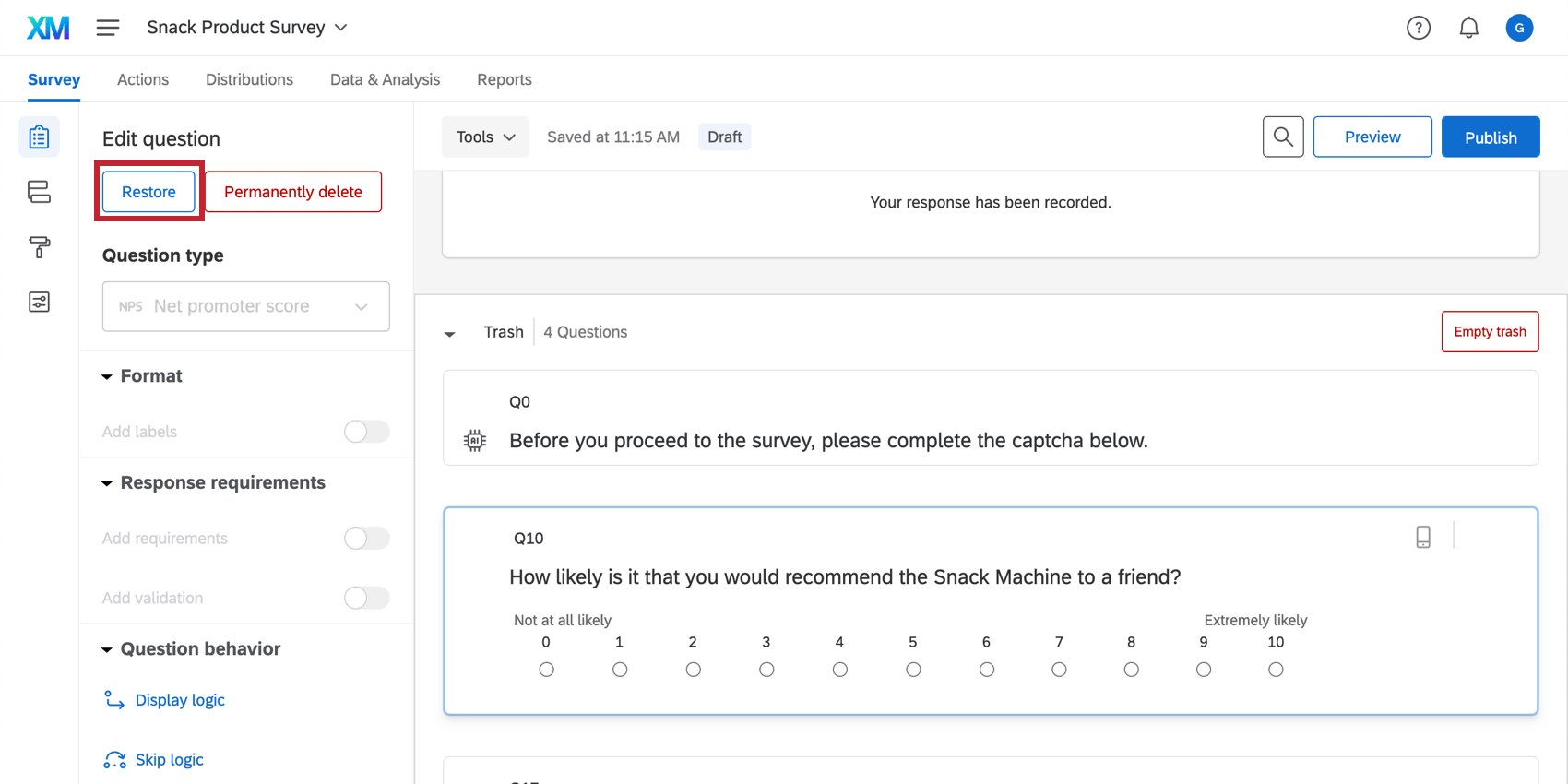 Restoring a question from the trash by using the Edit question menu on the left side
