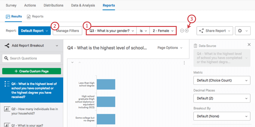 Filters at the top of he results, the Manage filters button to the left of them, plus and minus to the right