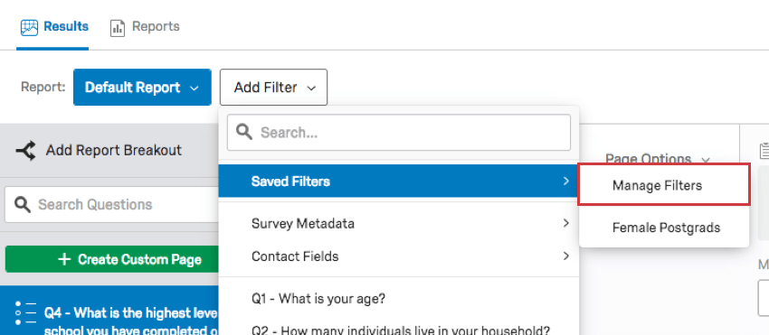 Clicking Add Filter to reveal Saved Filter menu