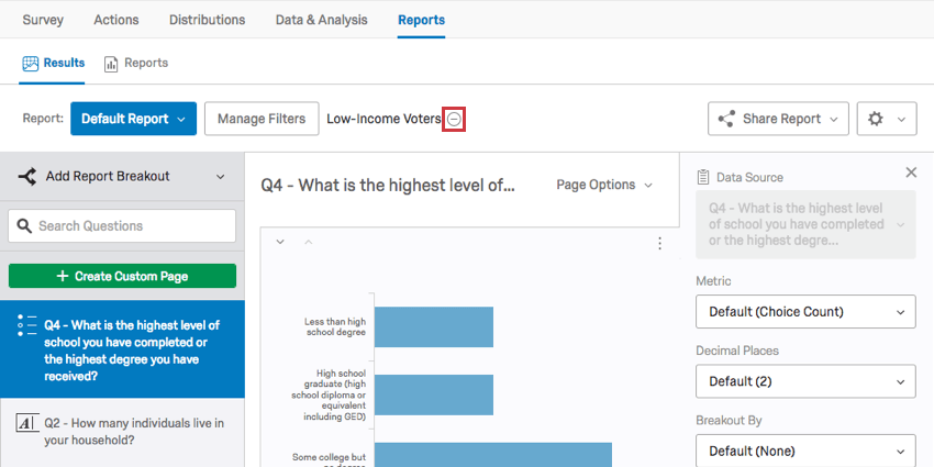botão de menos avançar filtro salvo selecionado
