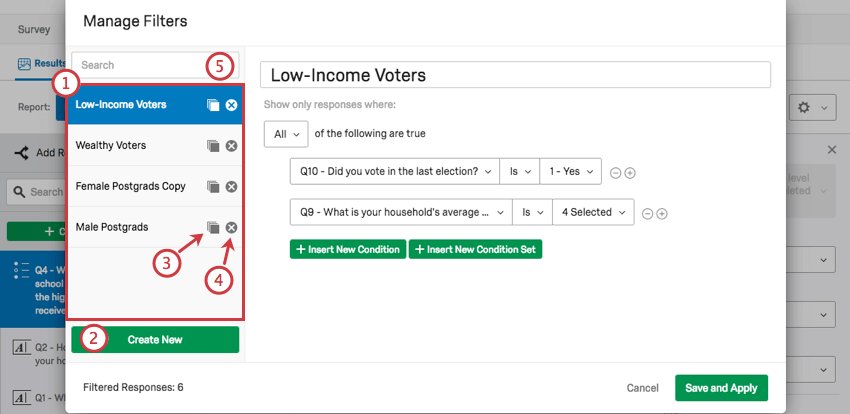 une fenêtre de gestion des filtres avec un menu à gauche où vous sélectionnez les filtres que vous avez créés pour les éditer