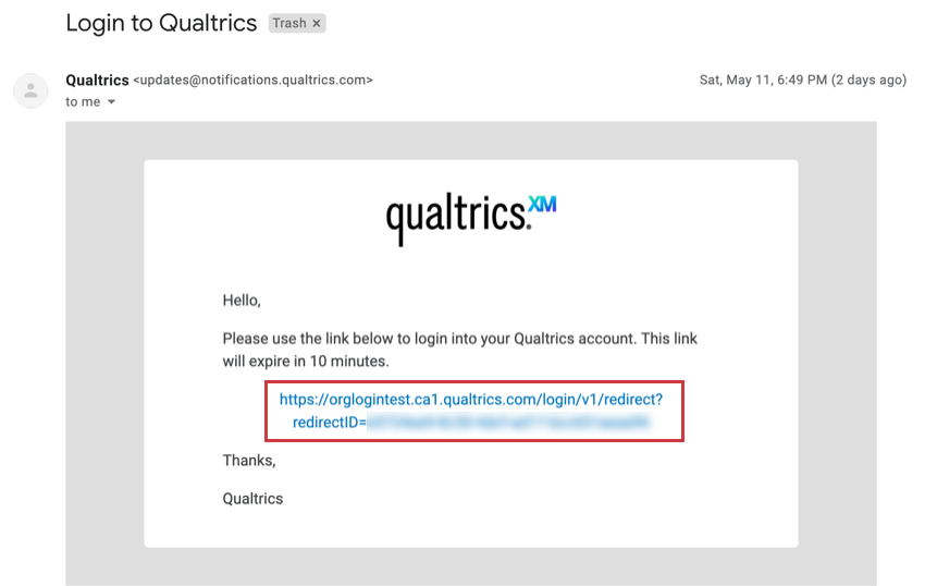 E-Mail von Qualtrics mit der Bezeichnung Anmeldung bei Qualtrics
