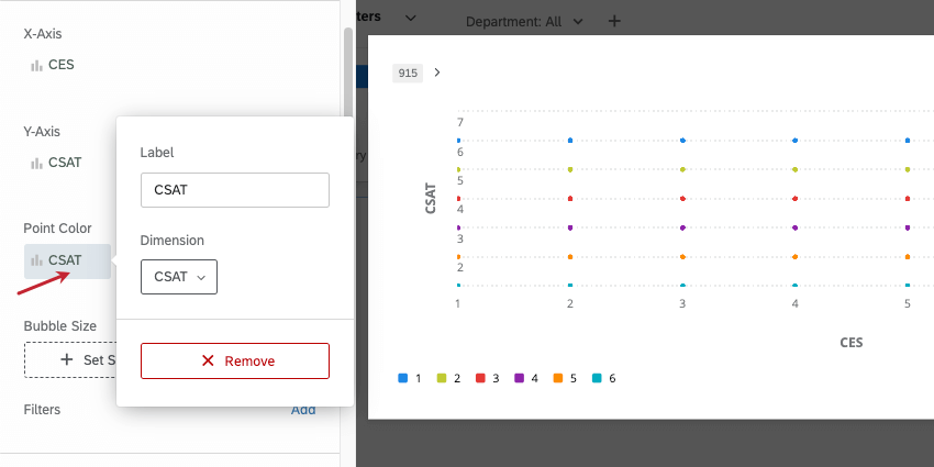 Options Étiquette et Dimension dans le menu Couleur de point