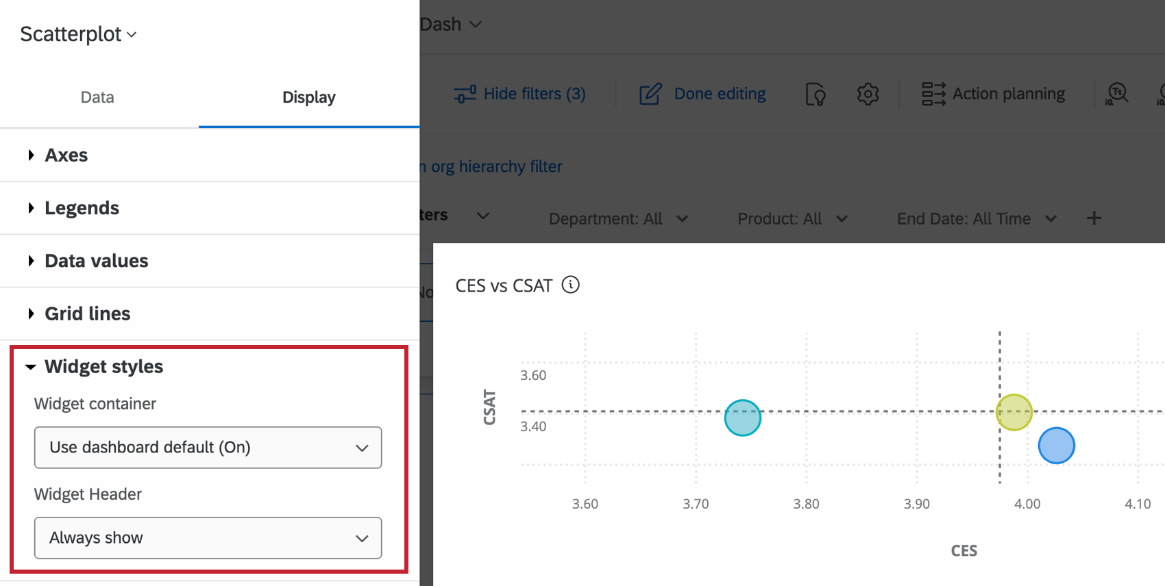 widget style settings in the editing pane of a scatter plot widget