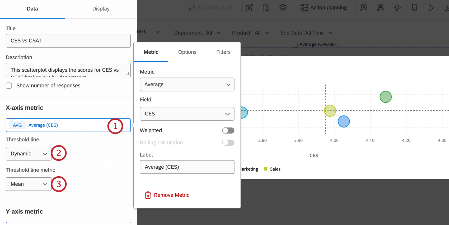 scatter plot with editing pane opened to left