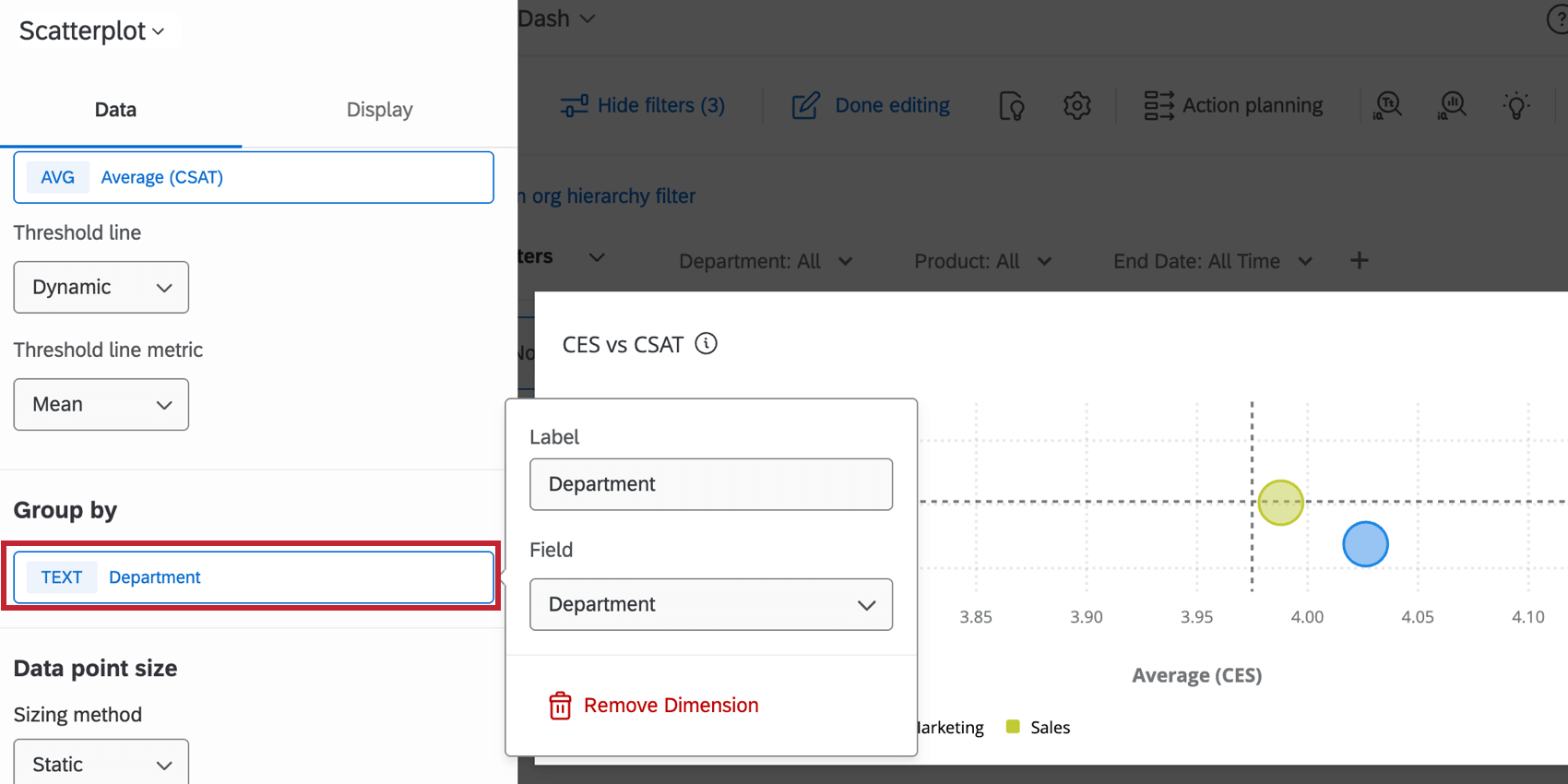 agrupar por configurações no painel de edição de um widget gráfico de dispersão