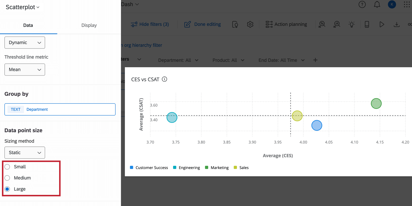 configurações estáticas de dimensionamento de bolhas no painel de edição de um widget gráfico de dispersão