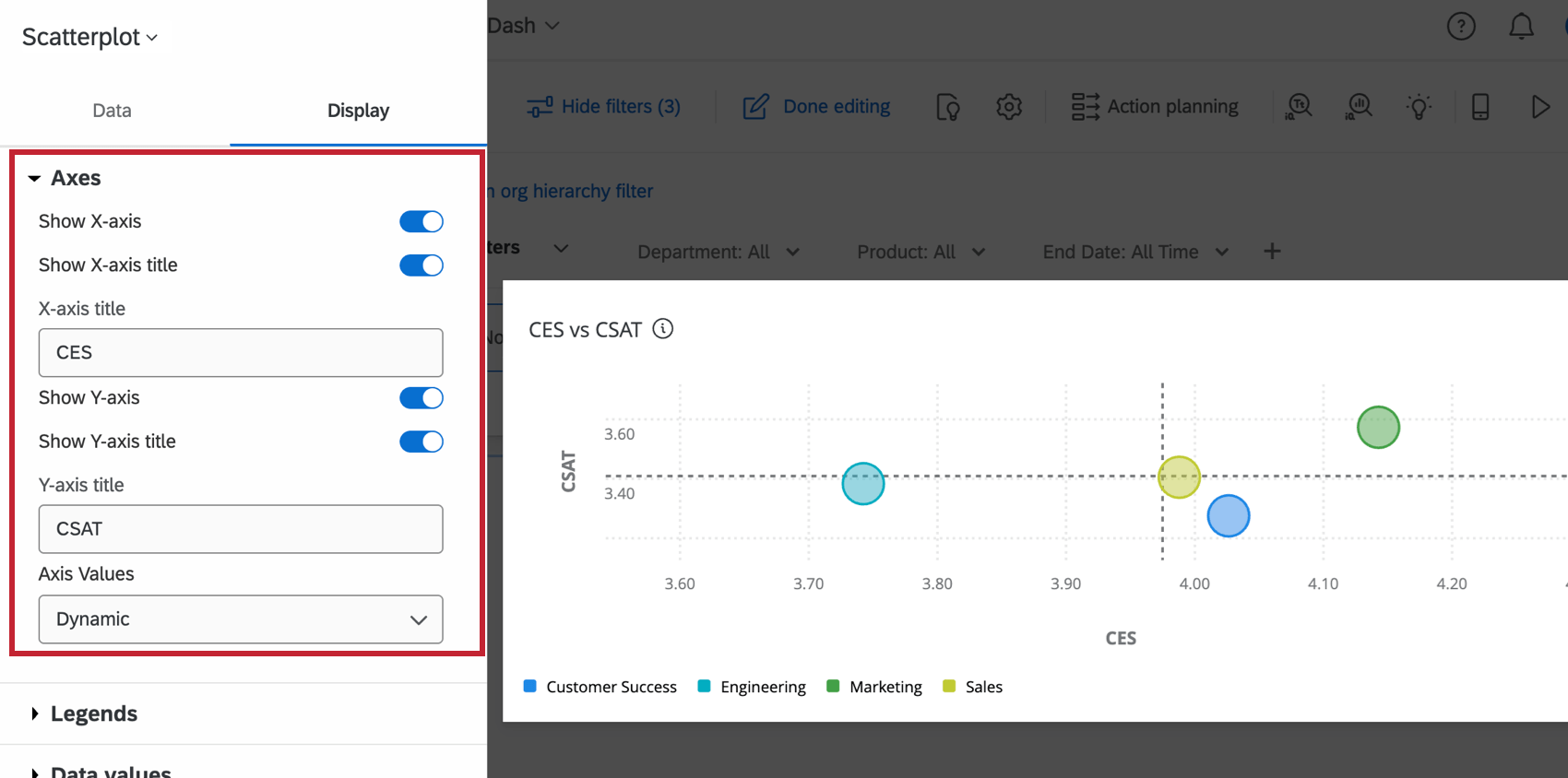 axes settings in the editing pane of a scatter plot widget
