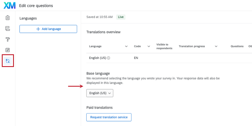 Langue par défaut dans la section des traductions