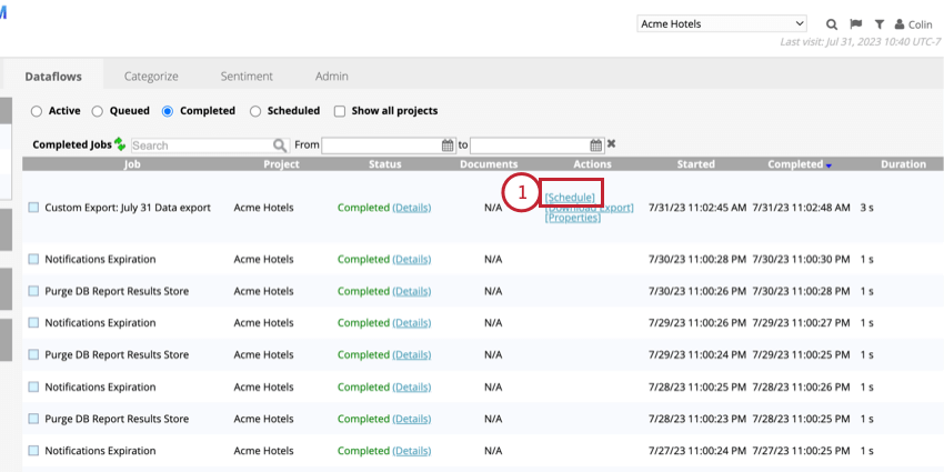 Clicking Schedule next to a custom data export